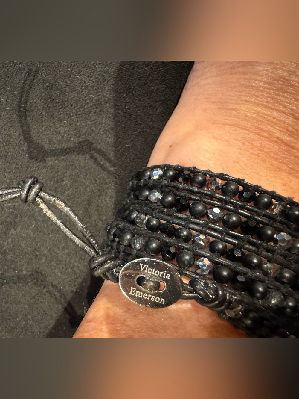 Victoria Emerson Black Beaded Wrap Bracelet with Logo Button